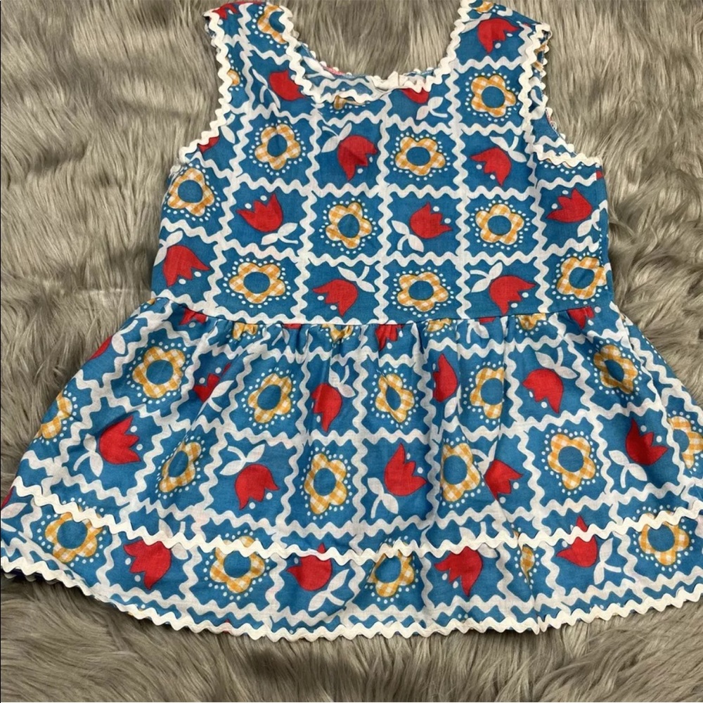 Vintage Girls 60s Blue White Floral Tulip Ric Rac Sleeveless Top
